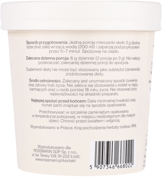 Tył opakowania herbatki rooibos Amo’ya z białym tłem, tekstem i kodem kreskowym; instrukcja przygotowania.