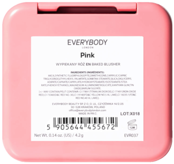 Róż do policzków Everybody London Pink. Tył różowego, kwadratowego opakowania z listą składników i wagą.