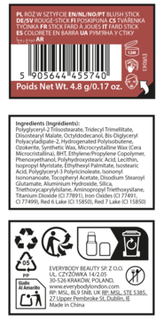 Tył opakowania różu w sztyfcie Everybody London, etykiety ze składem, kodem kreskowym i wagą 4.8g.