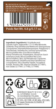Tył opakowania kremowego bronzera Everybody London w sztyfcie, widoczne dane producenta, kod kreskowy i skład.