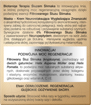 Beżowo-złote opakowanie maski-kremu Biotaniqe, 6% śluz ślimaka, wygładzająca zmarszczki. Widok na tekst z opisem.