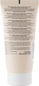 Tył tubki kremu Fluff Superfood Truskawka Biała Czekolada, 150ml, z tekstem w wielu językach i listą składników.