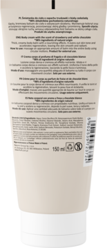 Tył białej tuby Fluff Superfood Body Cream Truskawka i Biała Czekolada, z opisem składników i sposobu użycia, 150 ml.