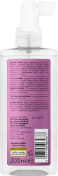 Tył przezroczystej butelki sprayu Isana Oh My Gosh! do wygładzania włosów, z fioletową etykietą i informacjami o produkcie.