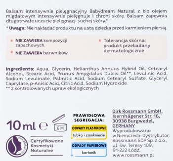 Tył tubki balsamu Babydream Natural 10ml, z bio olejem migdałowym. Widoczna lista składników, informacje o segregacji.