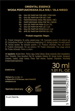 Tył czarnego opakowania wody perfumowanej Oriental Essence 30ml dla niej/dla niego z kodem kreskowym i składnikami.