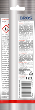 Tył opakowania zawieszki BROS na mole odzieżowe. Srebrne tło, czerwone napisy, instrukcje i kod kreskowy.