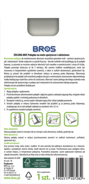 Tył opakowania pułapki na mole BROS Zielona Moc, instrukcja użycia, bezwonna i bezpieczna dla żywności.