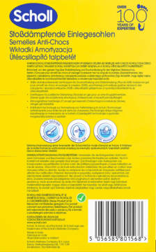 Tył żółtego opakowania Scholl Stoßdämpfende Einlegesohlen z instrukcjami, ikonami i kodem kreskowym 5056585801568.