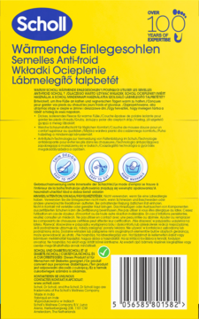 Żółte opakowanie wkładek ocieplających Scholl, tył z kodem kreskowym i opisem produktu w wielu językach.