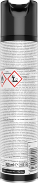 Tył czarnego sprayu na osy i szerszenie Raid 300 ml z etykietą, tekstem ostrzegawczym i piktogramami zagrożeń.