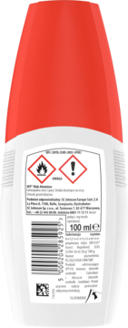 Tył opakowania sprayu OFF! Kids na komary, biała butelka z czerwoną nakrętką, symbole ostrzegawcze i 100ml.