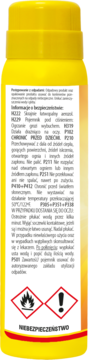 Tył żółtego opakowania sprayu na komary VACO Paw Patrol z białymi etykietami i symbolami ostrzegawczymi.