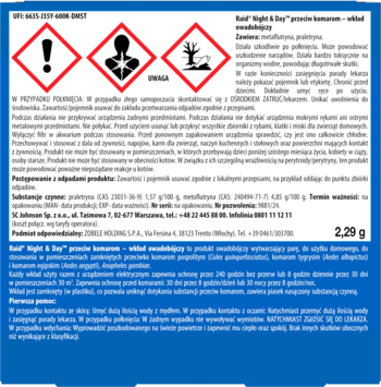 Szczegółowa etykieta Raid Night & Day, odstraszacz komarów bezzapachowy, z trzema symbolami ostrzegawczymi.