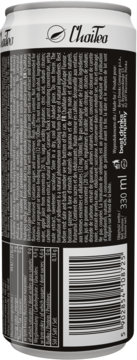 Tył czarno-srebrnej puszki napoju gazowanego ChaiTeo ChaiMate jagodowo-winogronowego z guaraną, z etykietą i kodem kreskowym, 330 ml.