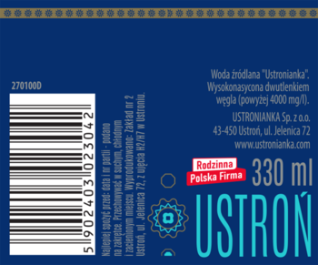 USTRONIANKA Premium ,woda źródlana, gazowana,tył