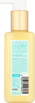 Tył balsamu Isana Vanilla Paradise 200ml, żółta butelka z białą pompką, lista składników i kod kreskowy.