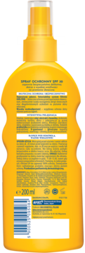Tył żółtego sprayu Dax Sun SPF 50 dla dzieci 200ml, widoczna etykieta z instrukcją i kodem kreskowym.