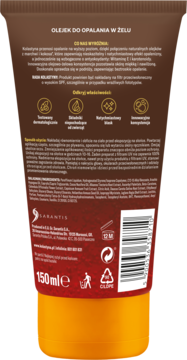 Tył brązowo-pomarańczowej Kolastyna olejku w żelu do opalania 150ml, z formułą marchew-kokos i składnikami.