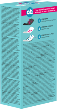 Tył opakowania o.b.® majtek menstruacyjnych M-L, jasnoniebieskie tło, diagram 3 warstw ochrony przed przeciekaniem.