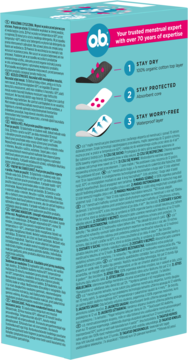 Tył opakowania majtek menstruacyjnych o.b. w kolorze turkusowym z diagramem 3 warstw chroniących przed przeciekaniem.