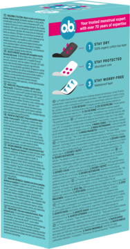 Bok turkusowego opakowania majtek menstruacyjnych o.b. XL-XXL. Widoczne diagramy 3 warstw: sucha bawełna, chłonna, wodoodporna.