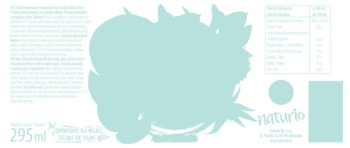 Etykieta napoju Naturio 295ml, widok z przodu: zielono-niebieska grafika roślinna (kiwi, aloes, chia).