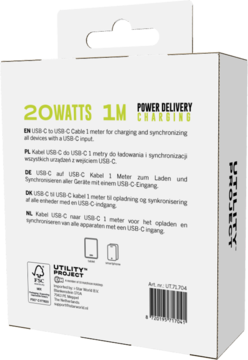 Tył kartonowego opakowania kabla USB-C 20W Power Delivery 1m, z tekstem w kilku językach.