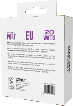 UTILITY PROJECT ,podwójna ładowarka, 2 porty typu USB-C, biała, 20w,tył