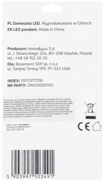 Tył białego opakowania lampki LED z czarnym tekstem, widoczne dane producenta, kod kreskowy i symbol baterii LR 41.