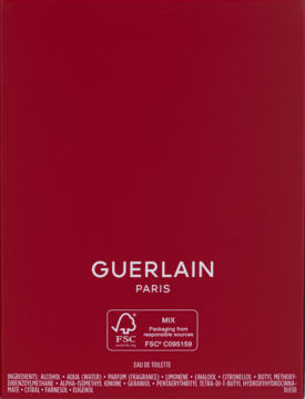 Guerlain Habit Rouge L'instinct, tył czerwonego opakowania wody toaletowej z logo FSC i listą składników.