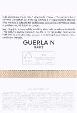 Tylna etykieta damskiej wody perfumowanej Guerlain Mon Guerlain. Widoczne składniki, logo FSC i opisy.