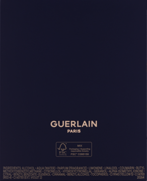 Tył ciemnofioletowego opakowania Guerlain Shalimar EDT z logo FSC, złotym napisem "Guerlain Paris" i listą składników.