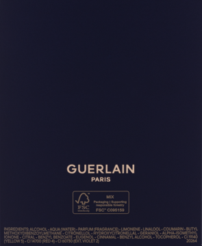 Tył granatowego pudełka perfum Guerlain Shalimar ze złotym logo i certyfikatem FSC.