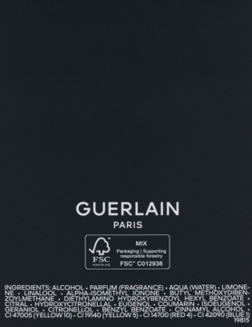 Guerlain Vetiver męskie perfumy, tył opakowania z białą listą składników i logo FSC na czarnym tle.