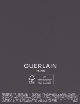 Tylna strona ciemnoszarego opakowania perfum Guerlain L’Homme Ideal dla mężczyzn, z białym logo i listą składników.
