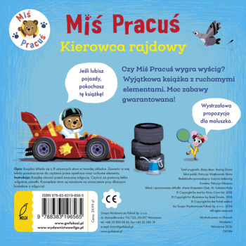Tył okładki książki Miś Pracuś Kierowca rajdowy, z misiem w bolidzie, oponami i kodem kreskowym.