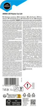 Białe opakowanie odświeżacza Aroma Car Polymer Sea Salt, widok z tyłu z kodem, symbolami i inf. o 1 szt.