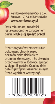 Tył etykiety soku jabłkowego tłoczonego Rembowscy z danymi producenta i instrukcjami, widoczny kod.