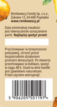 Tył etykiety soku gruszkowego tłoczonego Rembowscy, z danymi producenta, instrukcjami i kodem EAN-13.