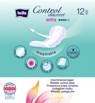 Front opakowania Bella Control Discreet Extra, 12 oddychających wkładek urologicznych, turkusowe z grafiką.