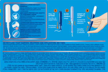 Tył niebieskiego opakowania tamponów Tampax Pearl Compak: ilustracje aplikacji, ostrzeżenie, opis funkcji.