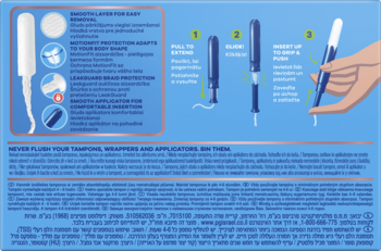 Niebieskie opakowanie Tampax Pearl Compak, tył, instrukcje użycia tamponu z aplikatorem i cechy LeakGuard.