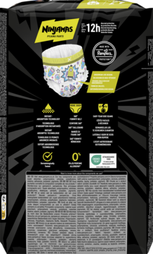 Tył czarno-żółtego opakowania chłonnych pieluchomajtek Ninjamas na noc, widoczne ikony cech i tekst.