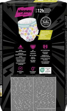 Tył opakowania Ninjamas Pj Pants, czarne z żółtymi i różowymi wzorami, widoczne kluczowe cechy i pielucha.