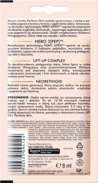 Tył opakowania serum-maski Perfecta Skin 8ml. Widoczne składniki aktywne, instrukcja i kod kreskowy.