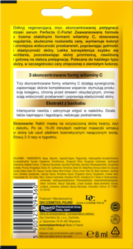 Tył opakowania maski-serum Perfecta C-Forte z witaminą C i baobabem, z informacjami, składem i kodem kreskowym.