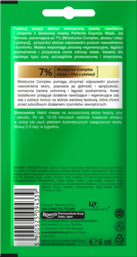 Tył zielonego opakowania maski Perfecta Express Mask 8ml z polskim opisem, składem i kodem kreskowym.