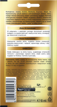 Tył złotego opakowania Perfecta Express Mask 8ml, z 24-karatowym złotem, opisami składników i kodem kreskowym.