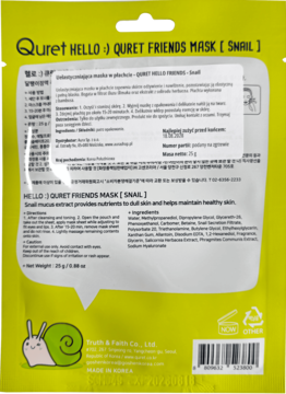 Tył zielonej maski w płachcie Quret Hello Friends ze śluzem ślimaka, z tekstem i rysunkiem ślimaka.